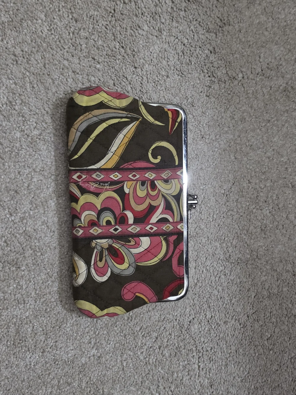 Vera Bradley Brown Quilted Floral Frame Wallet with Pink and Yellow Accents